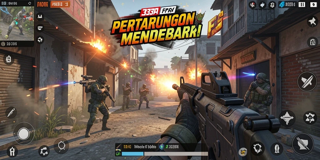 Screenshot utama 333A menunjukkan aksi tembak-menembak yang intens.