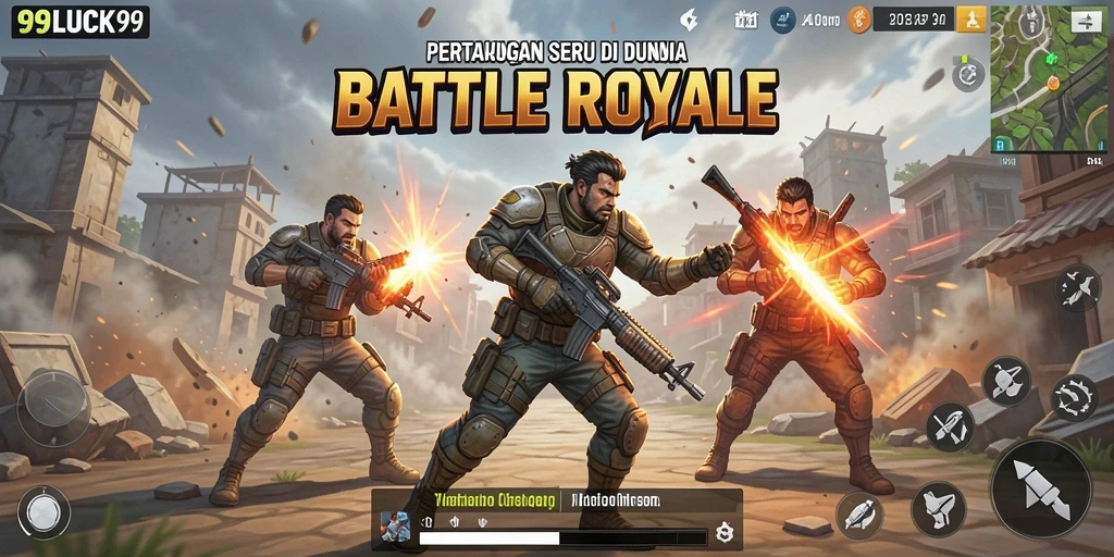 Screenshot utama 99LUCK99 menampilkan momen seru dalam pertarungan Battle Royale.