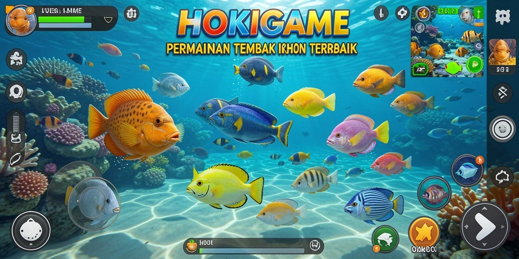 Gameplay seru dalam HOKIGAME menembak ikan di bawah laut.