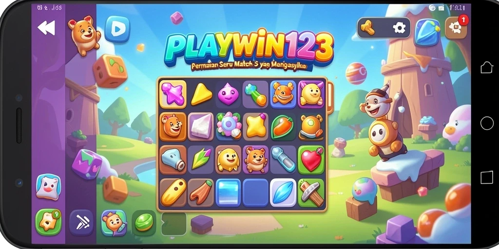 Screenshot gameplay PLAYWIN123 menunjukkan serunya mencocokkan item match-3.