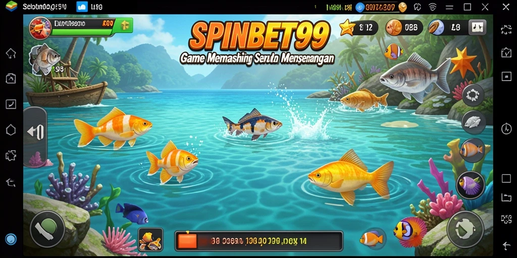 Screenshot utama SPINBET99 menampilkan momen mendebarkan saat menangkap ikan.
